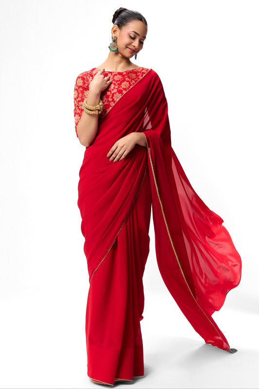 Dhiyona ST Red Drapy Georgette Saree with Jacquard Blouse Fabric