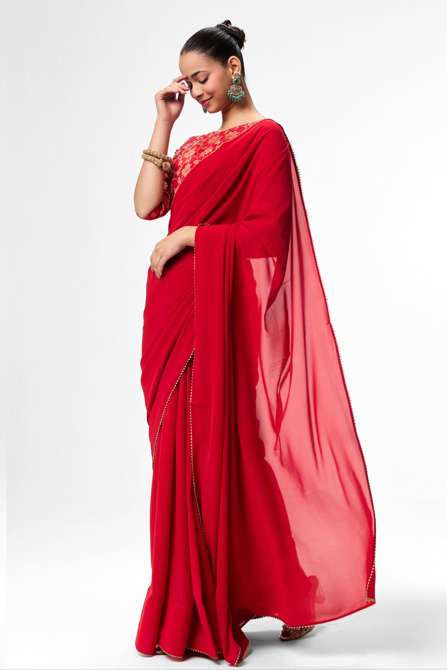 Dhiyona ST Red Drapy Georgette Saree with Jacquard Blouse Fabric