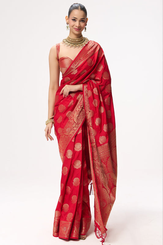 Dhiyona ST Red Banarasi Silk Blend Saree with Blouse Fabric