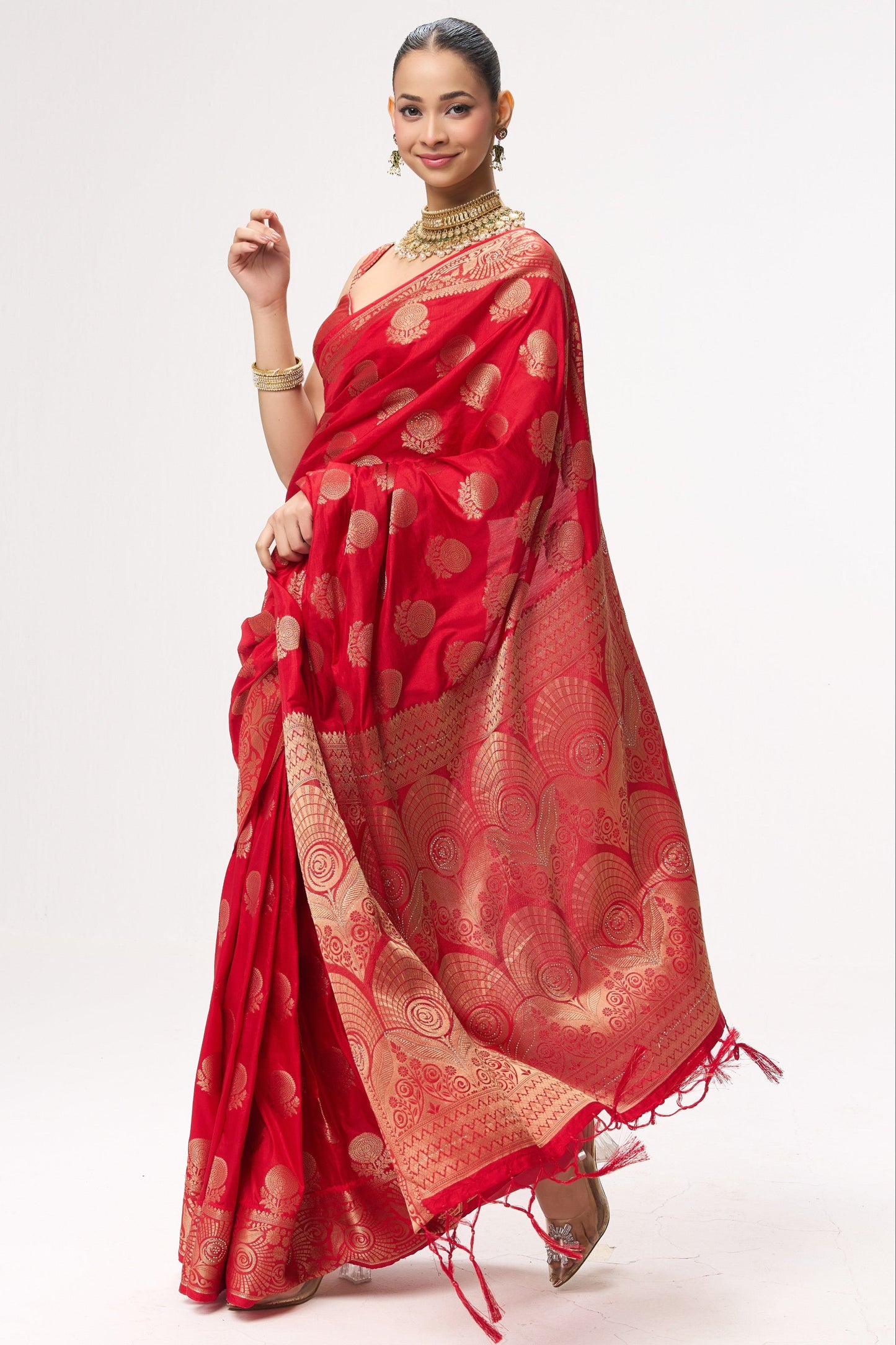 Dhiyona ST Red Banarasi Silk Blend Saree with Blouse Fabric