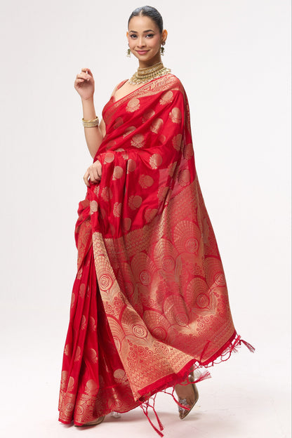 Dhiyona ST Red Banarasi Silk Blend Saree with Blouse Fabric