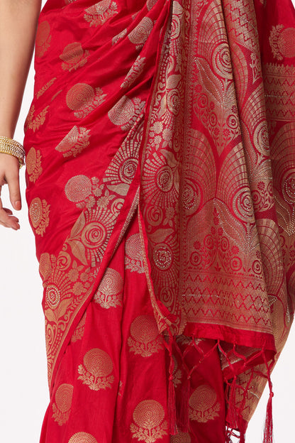 Dhiyona ST Red Banarasi Silk Blend Saree with Blouse Fabric