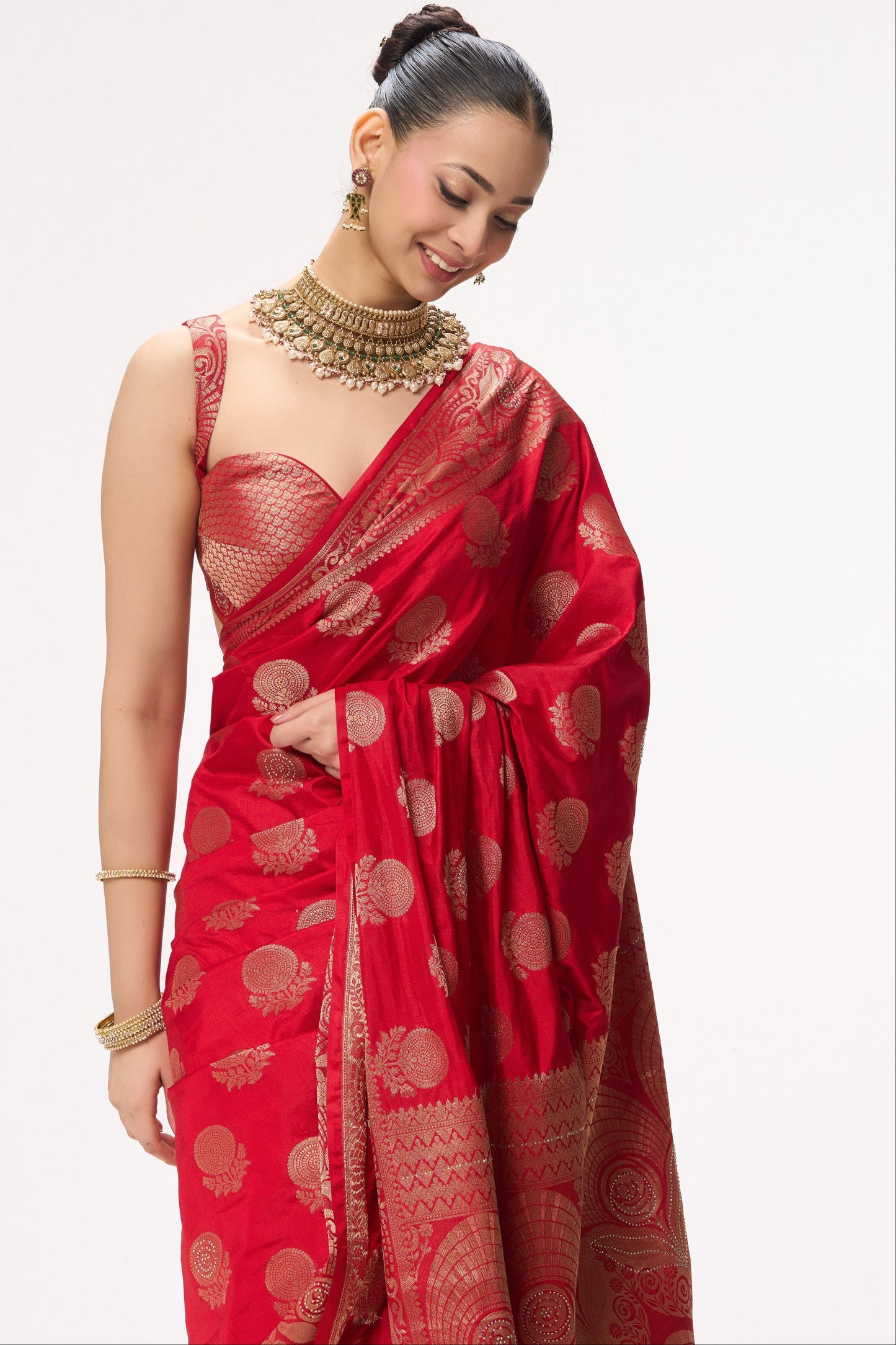 Dhiyona ST Red Banarasi Silk Blend Saree with Blouse Fabric