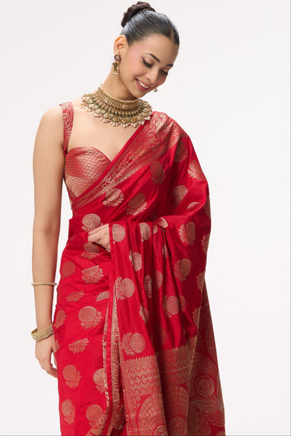 Dhiyona ST Red Banarasi Silk Blend Saree with Blouse Fabric