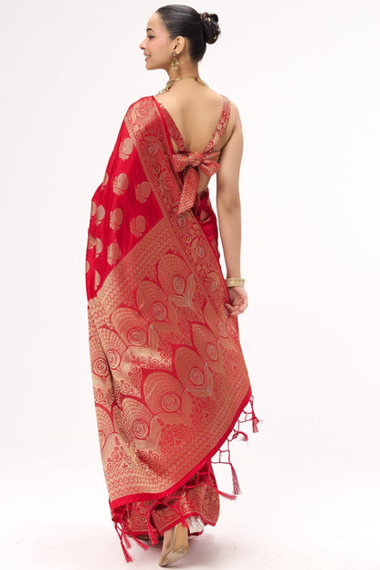 Dhiyona ST Red Banarasi Silk Blend Saree with Blouse Fabric