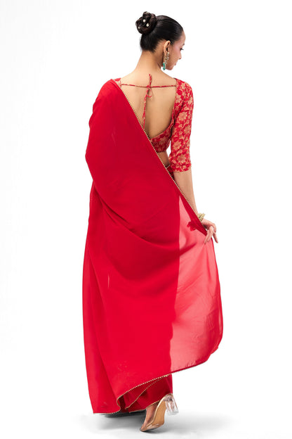 Dhiyona ST Red Drapy Georgette Saree with Jacquard Blouse Fabric