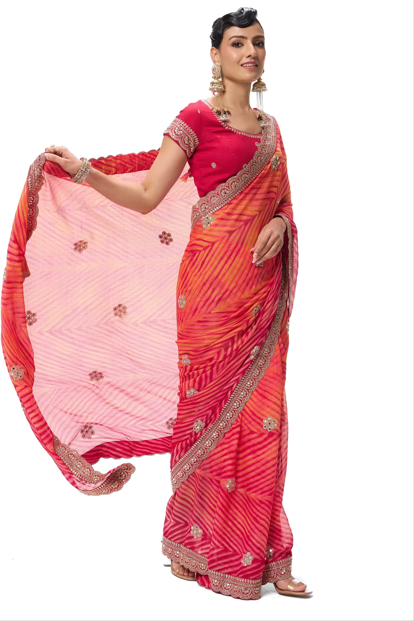 Dhiyona ST Pink Yellow Leheriya Chiffon Saree with Embroidered Border with Mirrors and Blouse Fabric