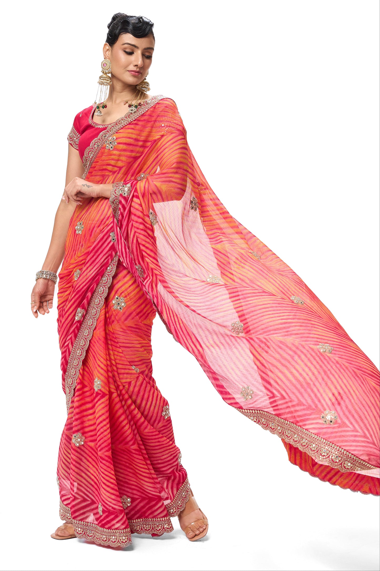 Dhiyona ST Pink Yellow Leheriya Chiffon Saree with Embroidered Border with Mirrors and Blouse Fabric
