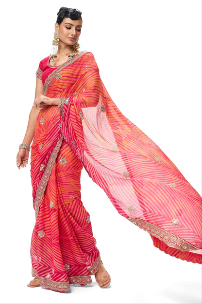 Dhiyona ST Pink Yellow Leheriya Chiffon Saree with Embroidered Border with Mirrors and Blouse Fabric