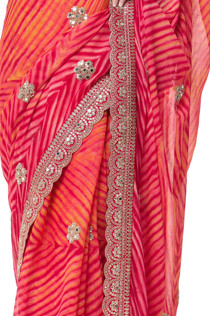 Dhiyona ST Pink Yellow Leheriya Chiffon Saree with Embroidered Border with Mirrors and Blouse Fabric