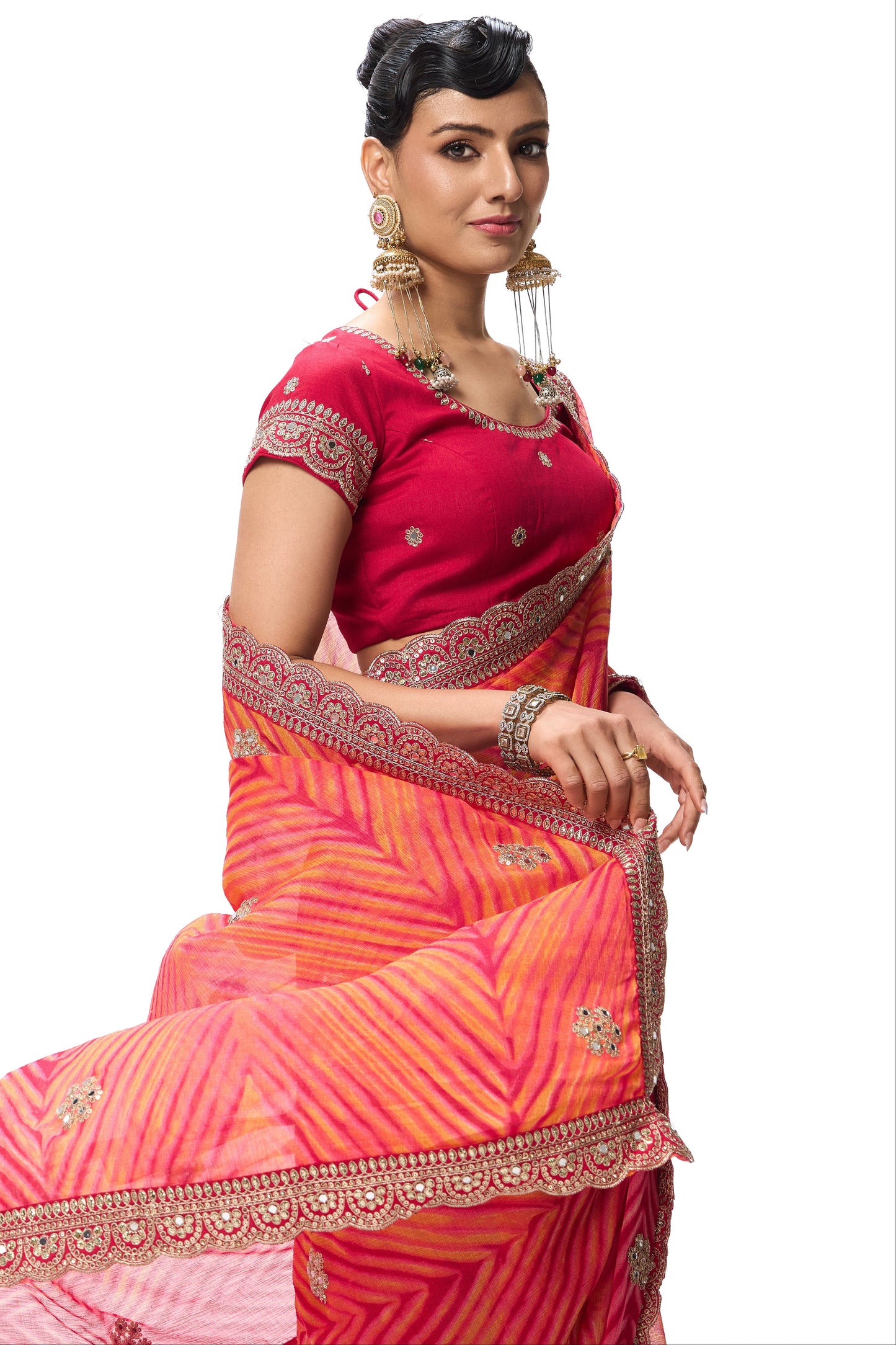 Dhiyona ST Pink Yellow Leheriya Chiffon Saree with Embroidered Border with Mirrors and Blouse Fabric