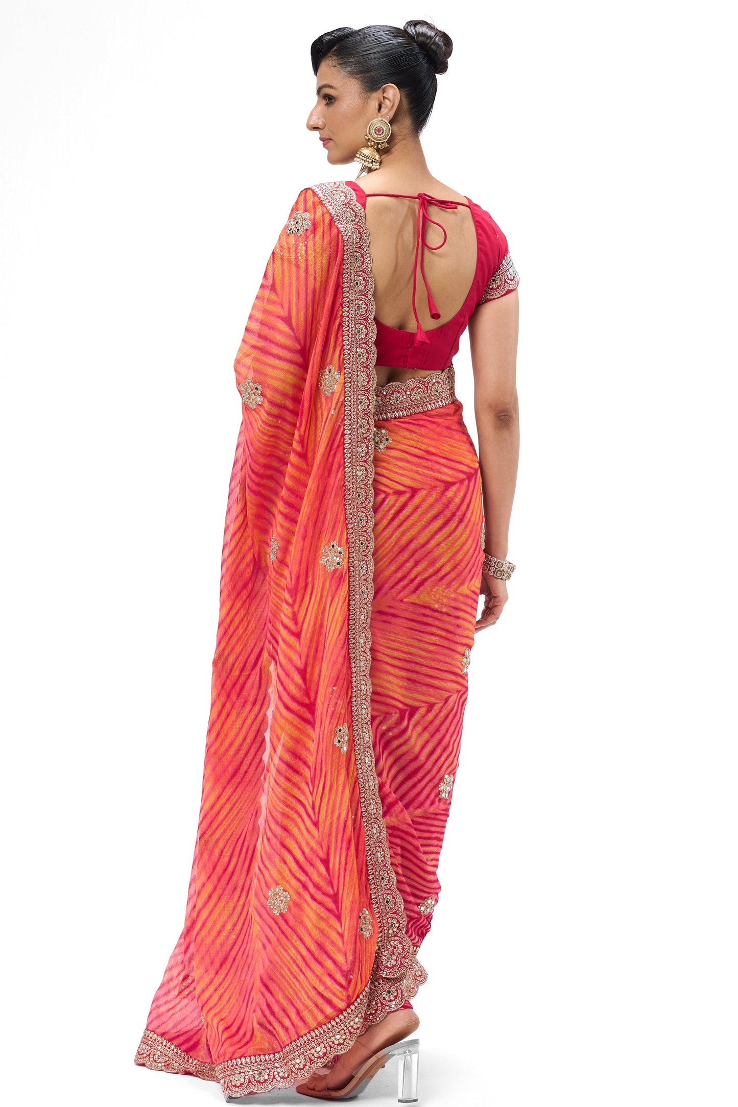 Dhiyona ST Pink Yellow Leheriya Chiffon Saree with Embroidered Border with Mirrors and Blouse Fabric