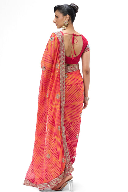 Dhiyona ST Pink Yellow Leheriya Chiffon Saree with Embroidered Border with Mirrors and Blouse Fabric