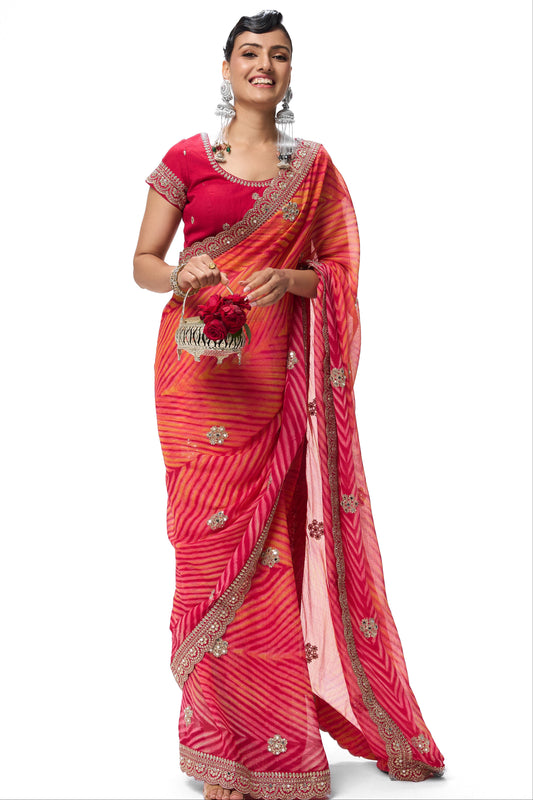 Dhiyona ST Pink Yellow Leheriya Chiffon Saree with Embroidered Border with Mirrors and Blouse Fabric