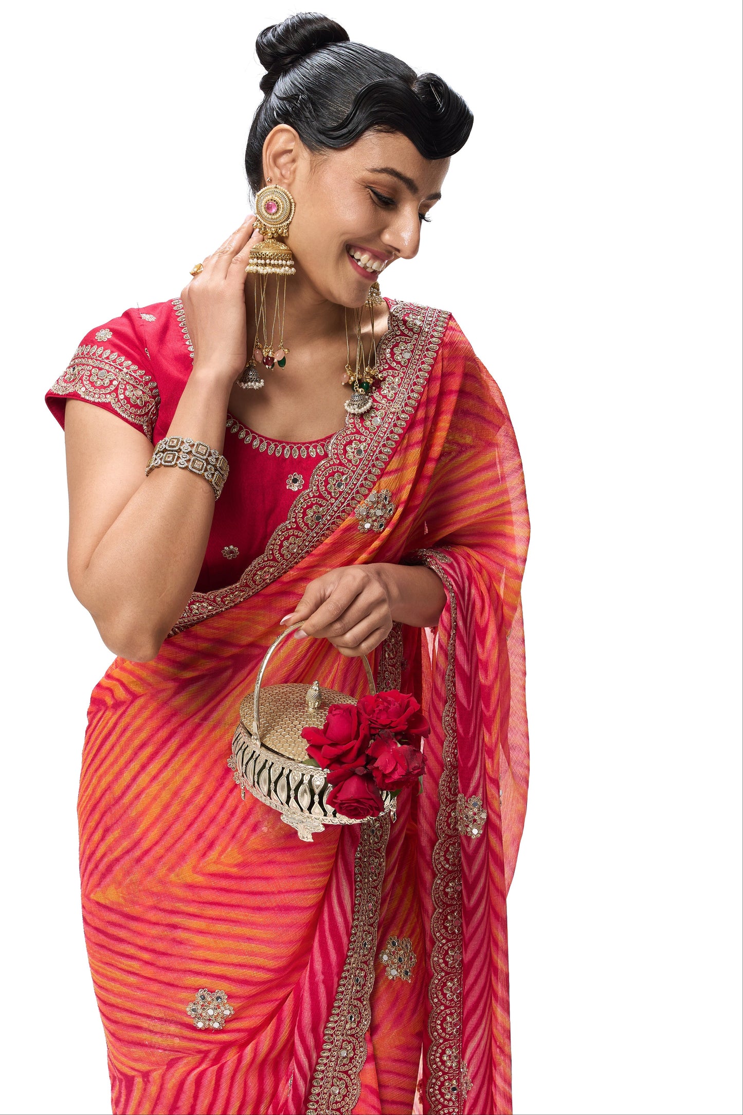 Dhiyona ST Pink Yellow Leheriya Chiffon Saree with Embroidered Border with Mirrors and Blouse Fabric