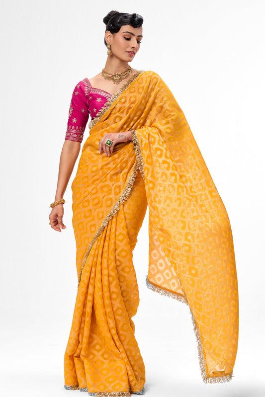 Dhiyona ST With Readymade Blouse - Woven Yellow Georgette Saree with Pink Embroidered Ready-to-Wear Blouse