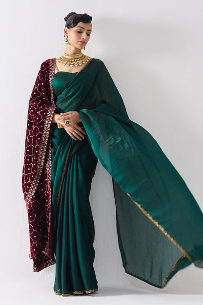 Dhiyona ST Green Gold Border Metallic Satin Saree with Blouse Fabric
