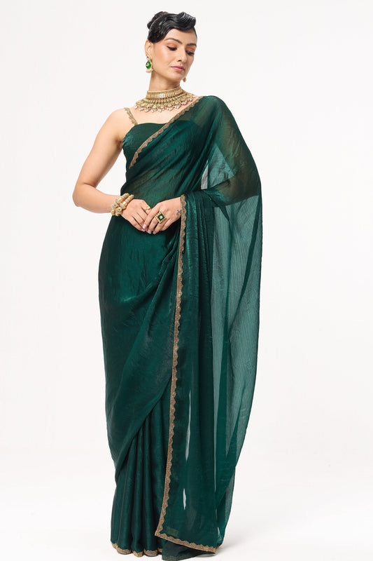 Dhiyona ST Green Gold Border Metallic Satin Saree with Blouse Fabric