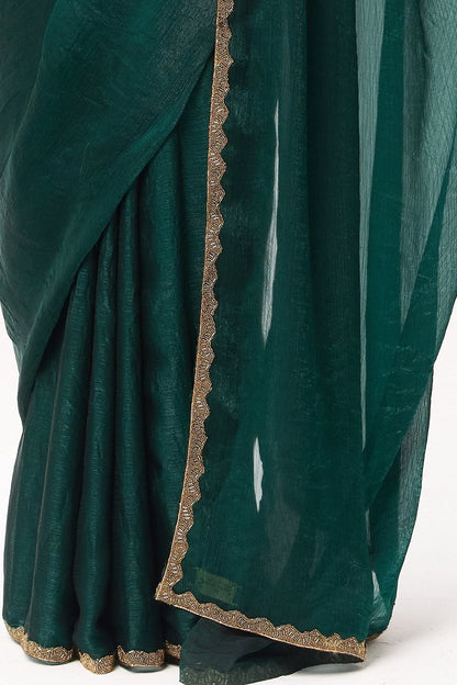 Dhiyona ST Green Gold Border Metallic Satin Saree with Blouse Fabric