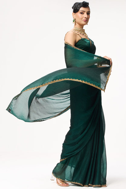 Dhiyona ST Green Gold Border Metallic Satin Saree with Blouse Fabric
