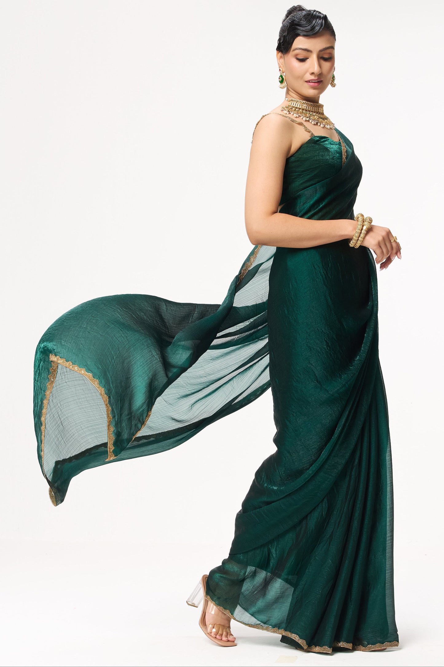 Dhiyona ST Green Gold Border Metallic Satin Saree with Blouse Fabric