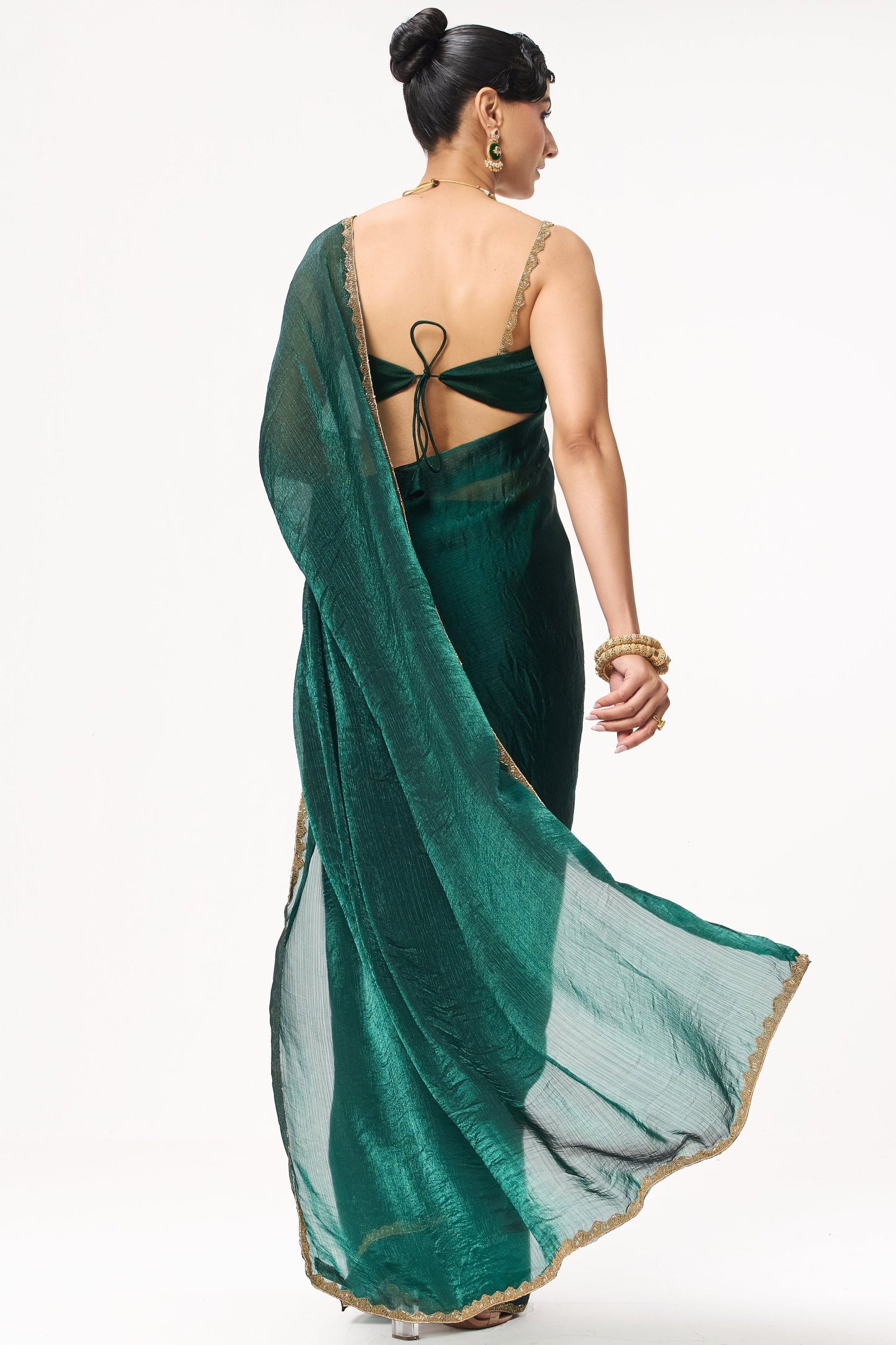 Dhiyona ST Green Gold Border Metallic Satin Saree with Blouse Fabric