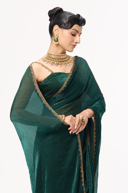 Dhiyona ST Green Gold Border Metallic Satin Saree with Blouse Fabric