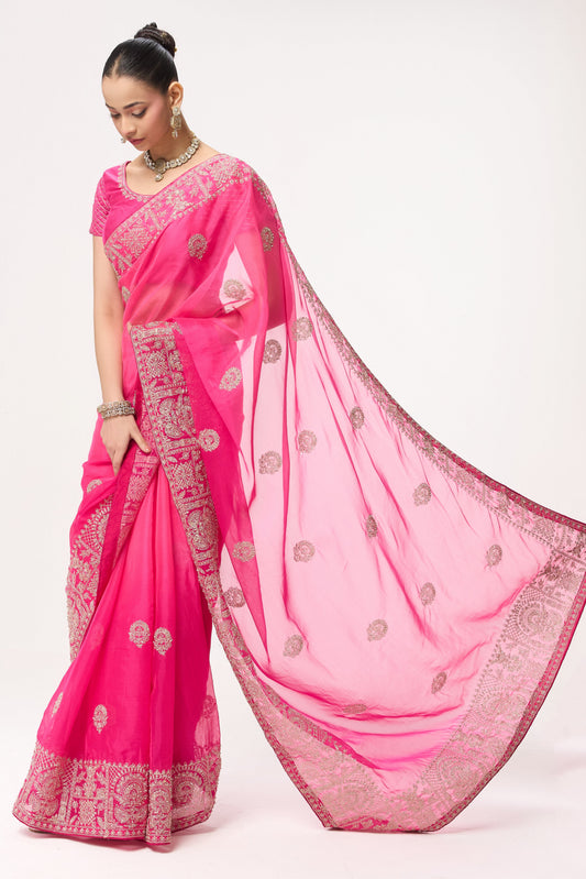 Dhiyona ST Pink Ombre Chiffon Saree with Embroidered Border and Blouse Fabric