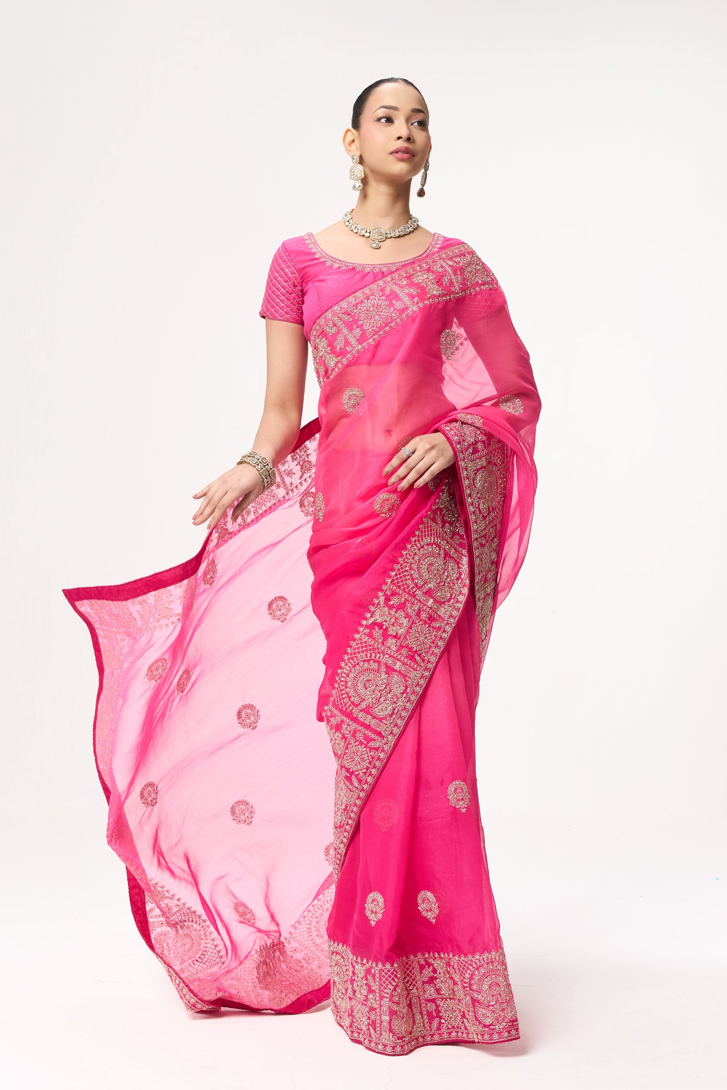 Dhiyona ST Pink Ombre Chiffon Saree with Embroidered Border and Blouse Fabric