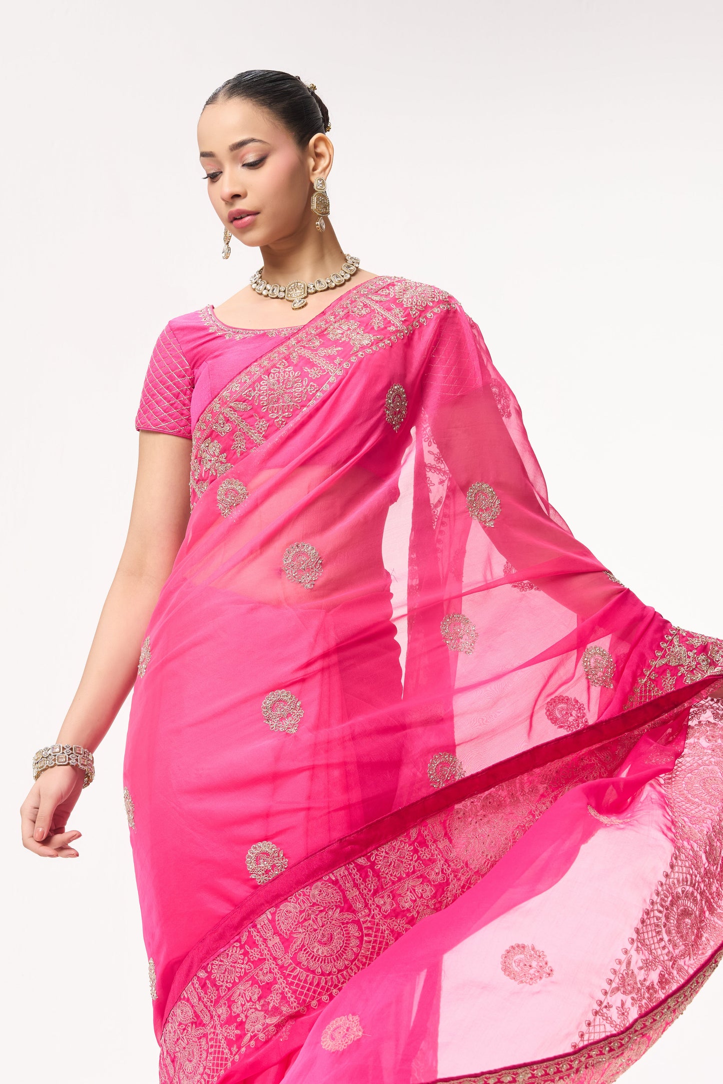Dhiyona ST Pink Ombre Chiffon Saree with Embroidered Border and Blouse Fabric