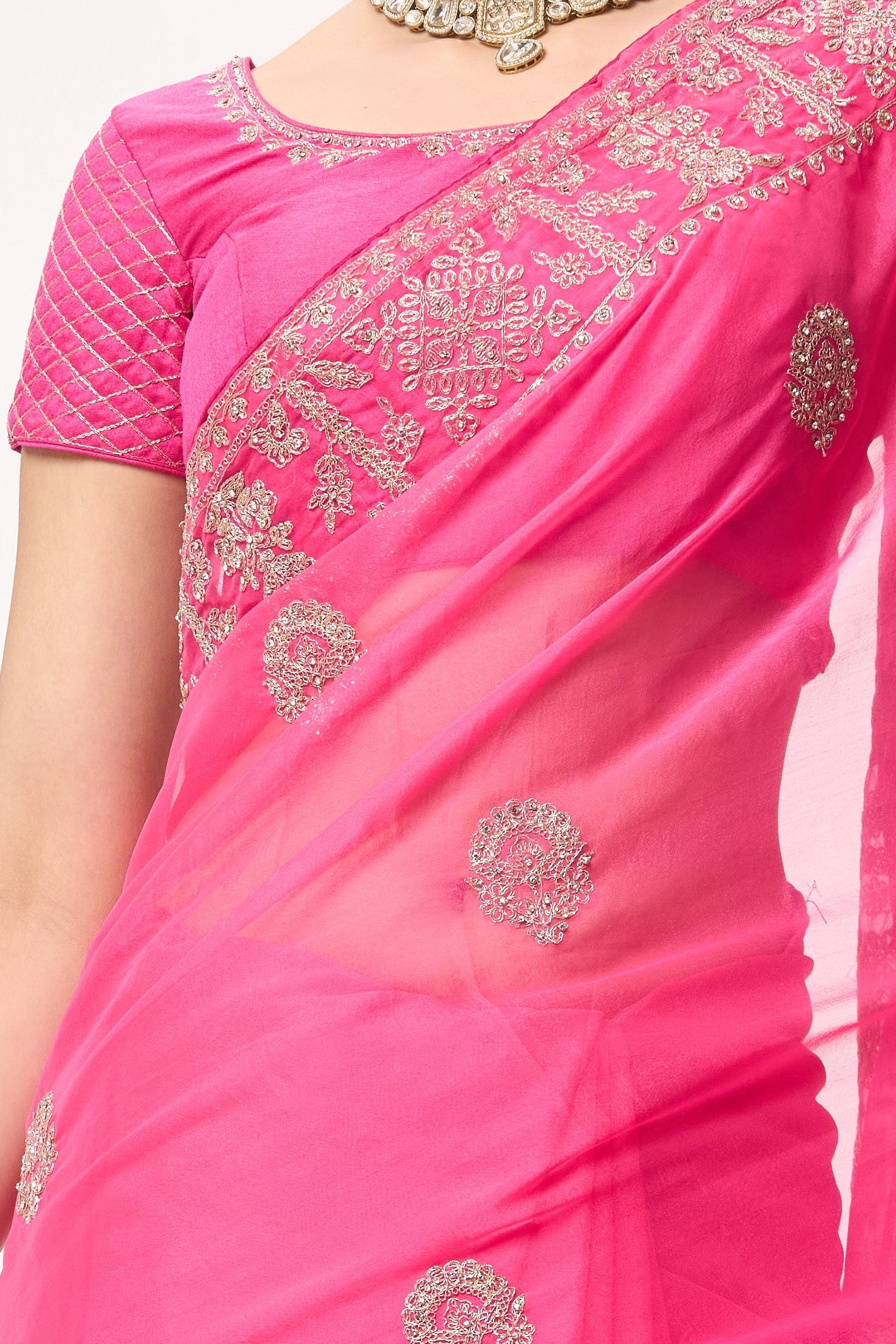 Dhiyona ST Pink Ombre Chiffon Saree with Embroidered Border and Blouse Fabric