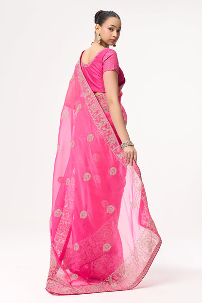 Dhiyona ST Pink Ombre Chiffon Saree with Embroidered Border and Blouse Fabric