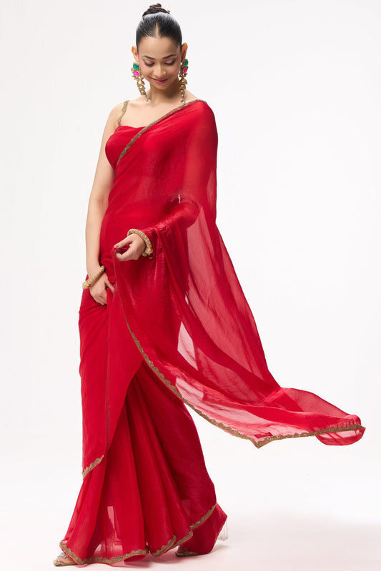 Dhiyona ST Red Gold Border Metallic Satin Saree with Blouse Fabric