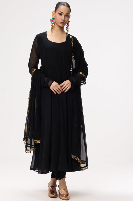 Dhiyona ST 3 pc Suit Set - Black Magic Georgette Long Sleeve Anarkali Suit with Pants and Dupatta
