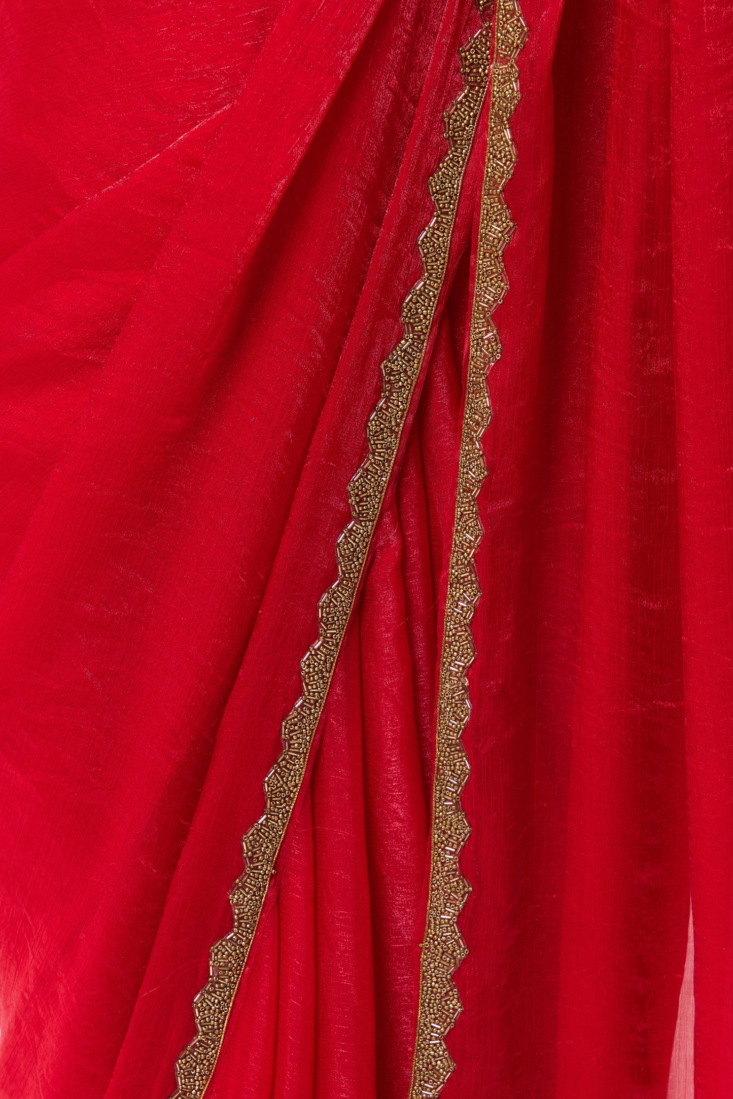 Dhiyona ST Red Gold Border Metallic Satin Saree with Blouse Fabric