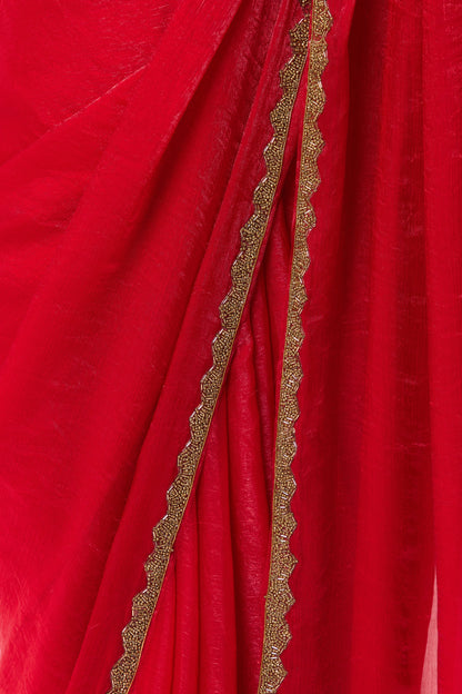 Dhiyona ST Red Gold Border Metallic Satin Saree with Blouse Fabric