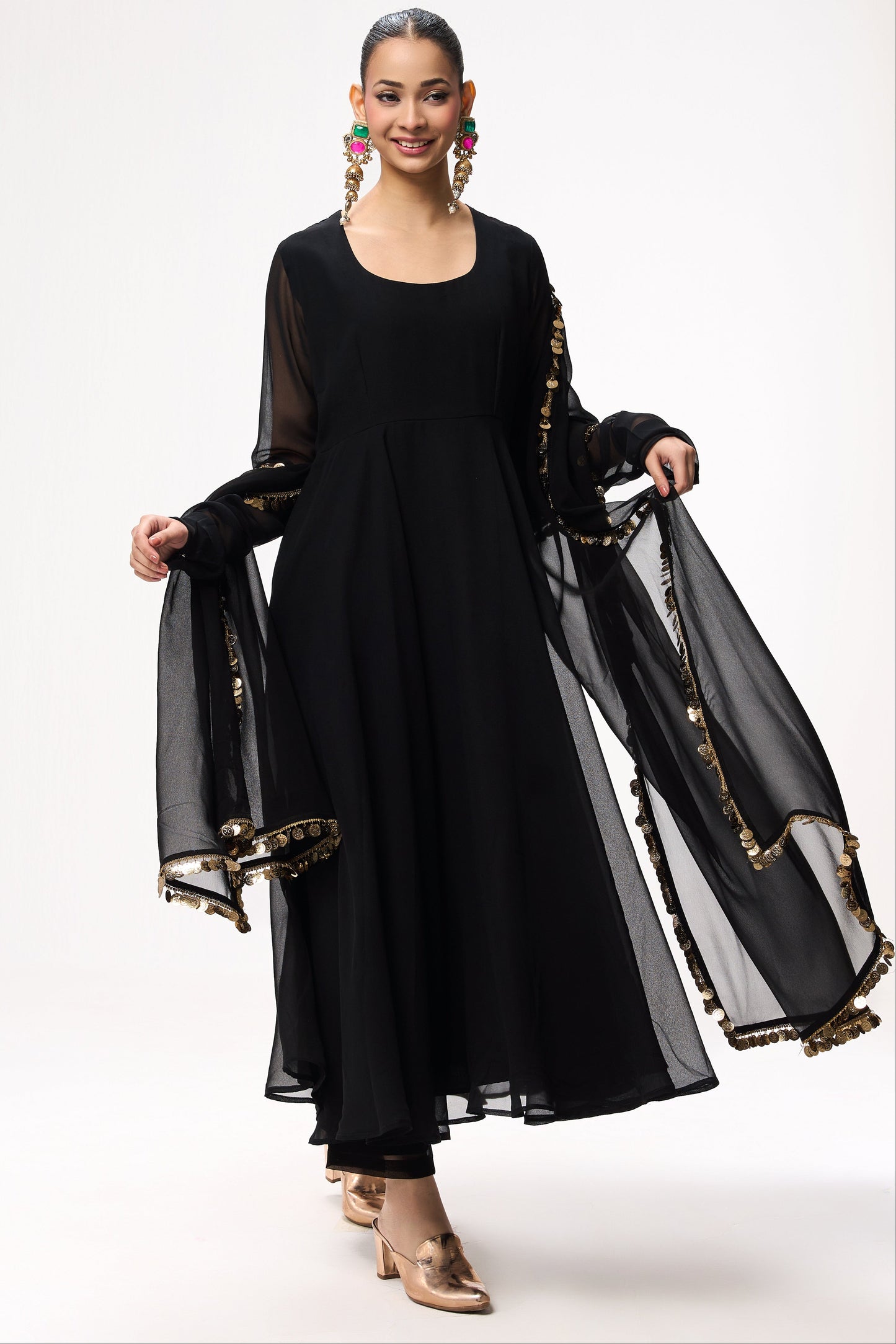 Dhiyona ST 3 pc Suit Set - Black Magic Georgette Long Sleeve Anarkali Suit with Pants and Dupatta