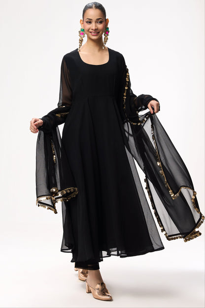 Dhiyona ST 3 pc Suit Set - Black Magic Georgette Long Sleeve Anarkali Suit with Pants and Dupatta