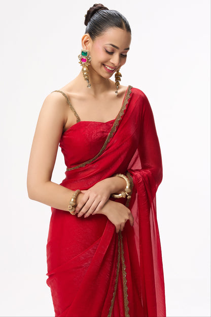 Dhiyona ST Red Gold Border Metallic Satin Saree with Blouse Fabric