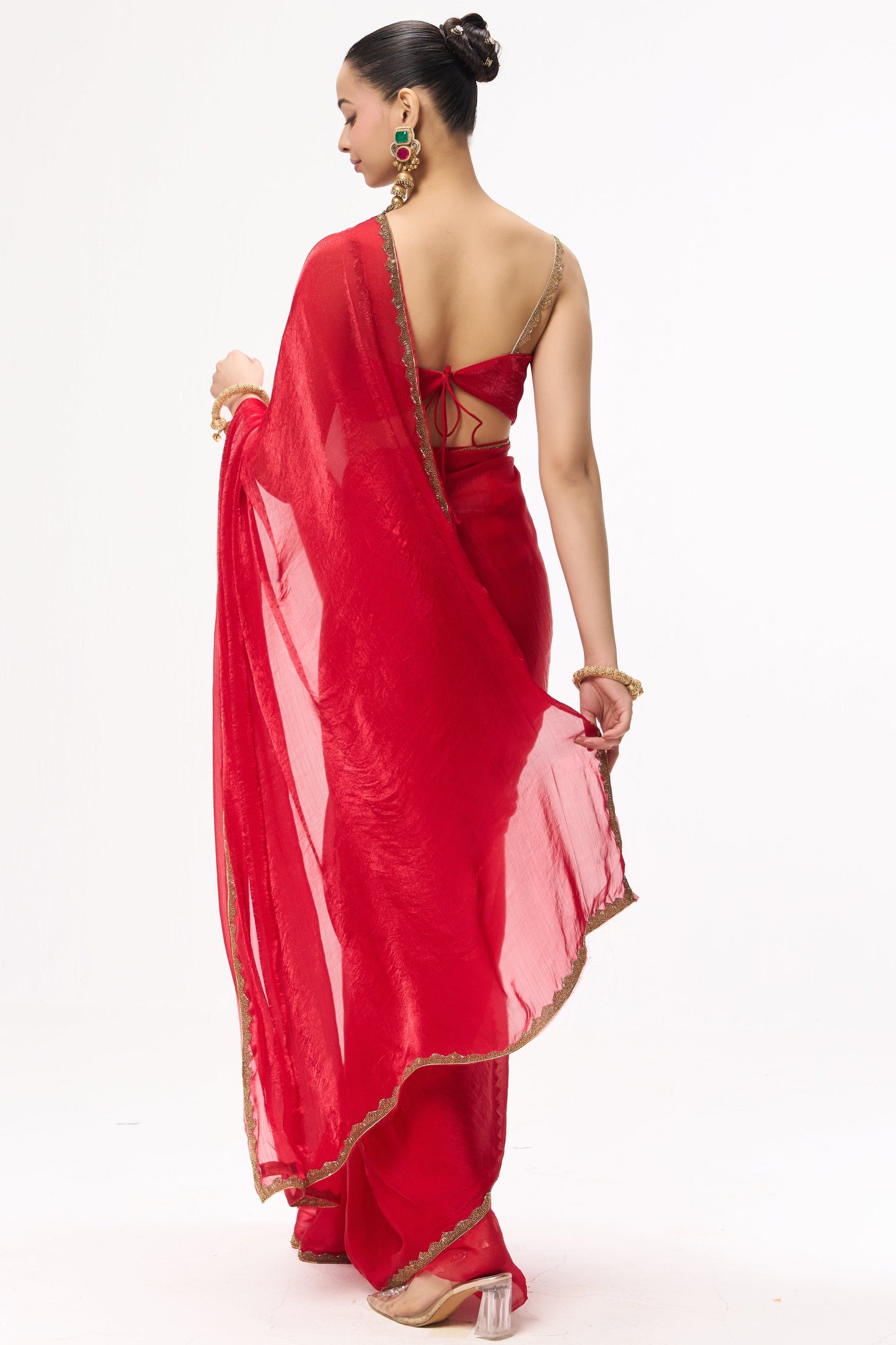 Dhiyona ST Red Gold Border Metallic Satin Saree with Blouse Fabric