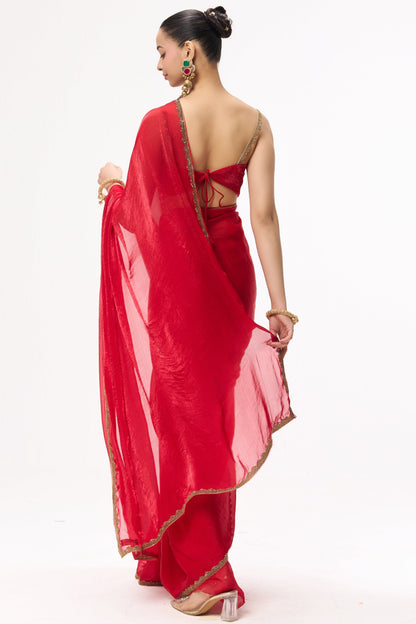 Dhiyona ST Red Gold Border Metallic Satin Saree with Blouse Fabric