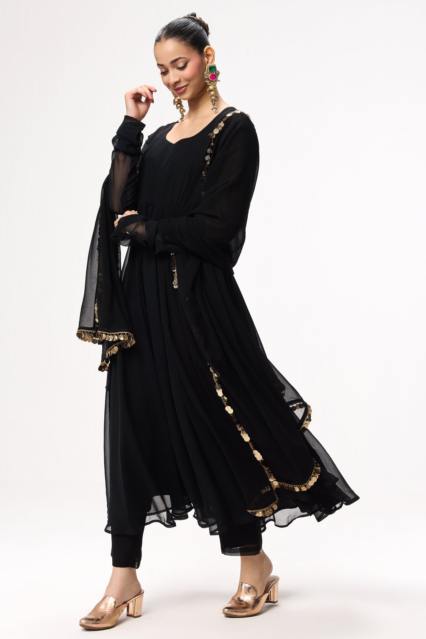 Dhiyona ST 3 pc Suit Set - Black Magic Georgette Long Sleeve Anarkali Suit with Pants and Dupatta