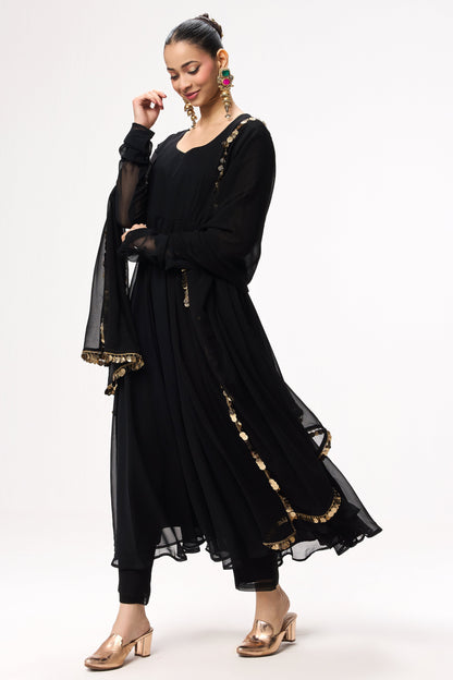Dhiyona ST 3 pc Suit Set - Black Magic Georgette Long Sleeve Anarkali Suit with Pants and Dupatta
