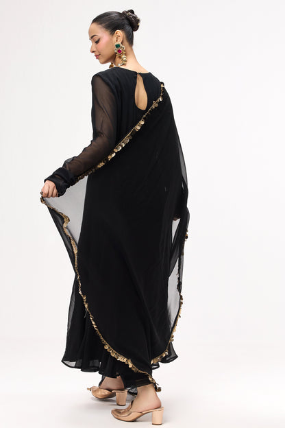 Dhiyona ST 3 pc Suit Set - Black Magic Georgette Long Sleeve Anarkali Suit with Pants and Dupatta