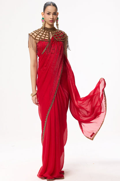 Dhiyona ST Red Gold Border Metallic Satin Saree with Blouse Fabric