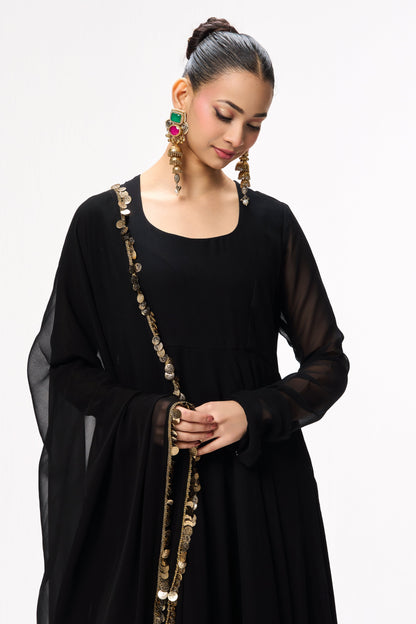 Dhiyona ST 3 pc Suit Set - Black Magic Georgette Long Sleeve Anarkali Suit with Pants and Dupatta
