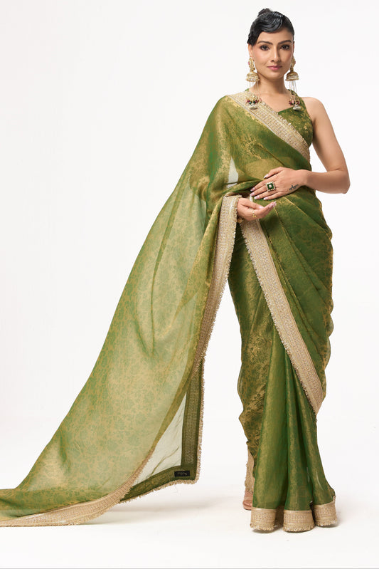 Dhiyona ST Mehndi Q'la Gold Chiffon Saree with Border and Self Blouse Fabric