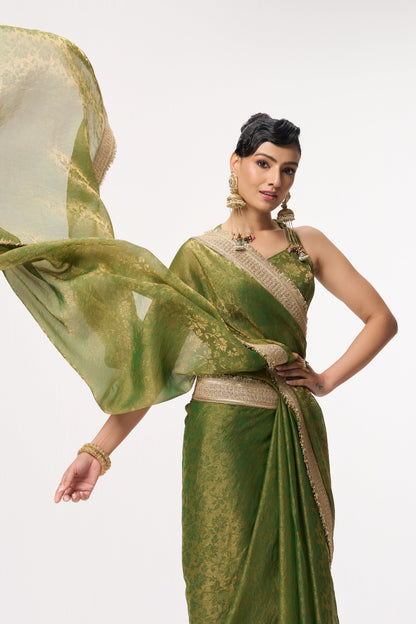Dhiyona ST Mehndi Q'la Gold Chiffon Saree with Border and Self Blouse Fabric