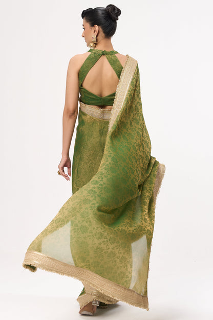 Dhiyona ST Mehndi Q'la Gold Chiffon Saree with Border and Self Blouse Fabric