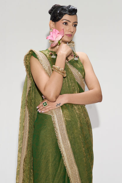 Dhiyona ST Mehndi Q'la Gold Chiffon Saree with Border and Self Blouse Fabric